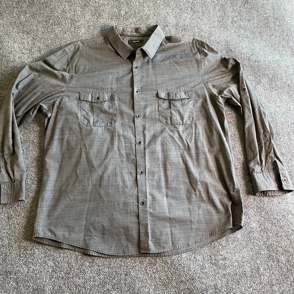 Alfani Mens XXL Gray Slub Textured Button Down Shirt Roll Tab Sleeve Casual XXL